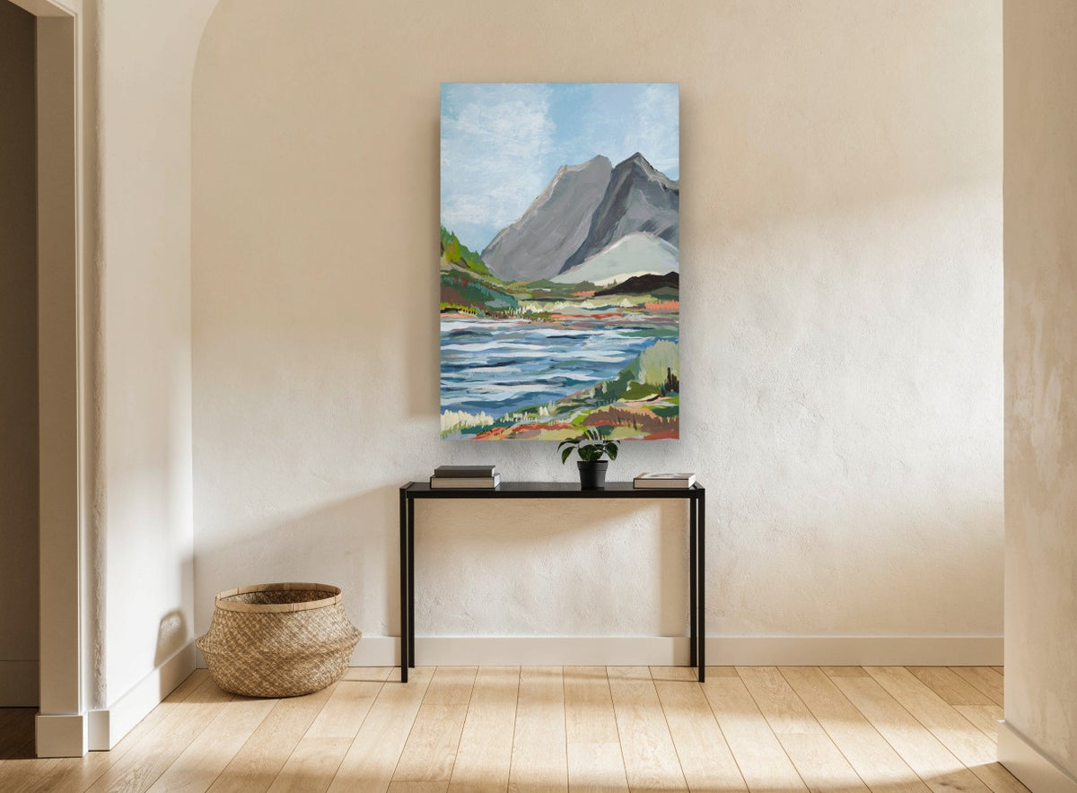 Grey Peaks Valley Water landscape canvas print on the wall of a hallway