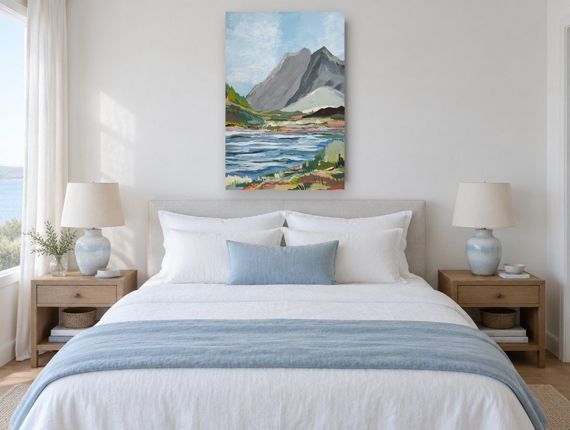 Grey Peaks Valley Water landscape canvas print on the wall of a bedroom