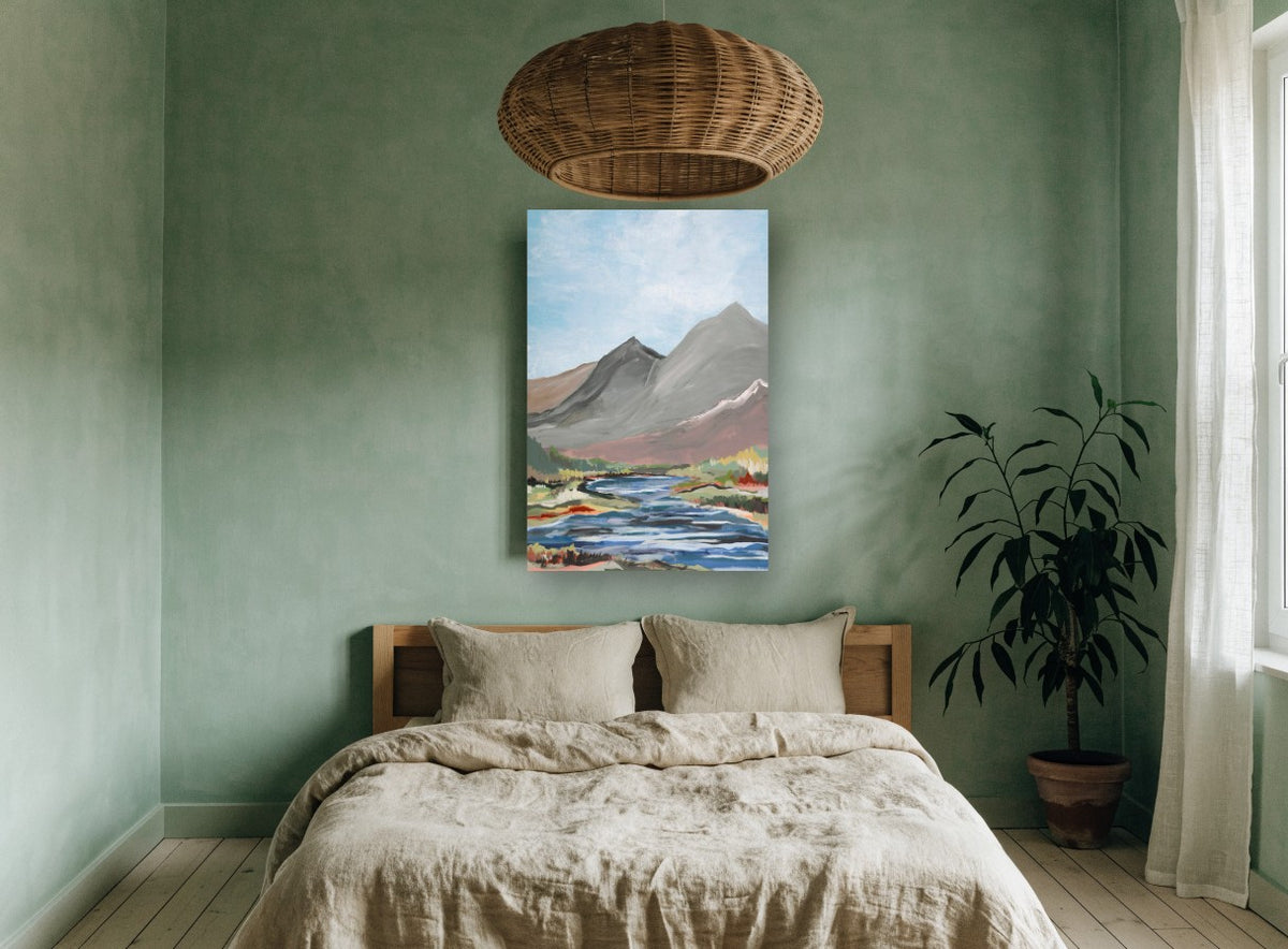 Grey Peaks River Bend landscape canvas print on the wall of a bedroom