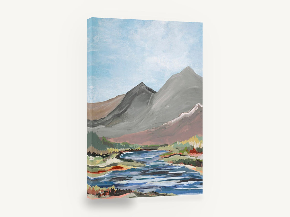 Grey Peaks River Bend, grey mountain river valley painting, landscape canvas wall art print ready to hang