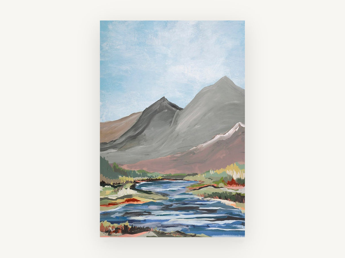 Grey Peaks River Bend, grey mountain river valley painting, landscape canvas wall art print, front view