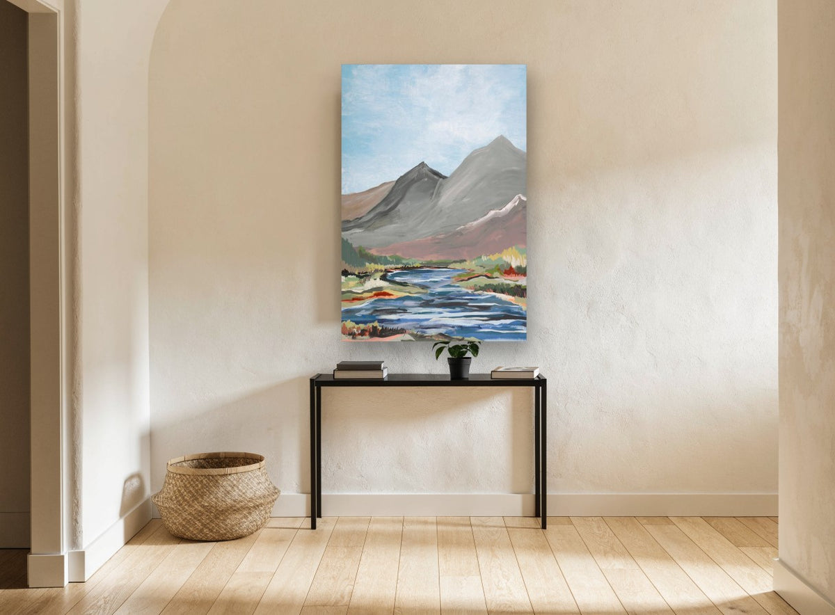 Grey Peaks River Bend landscape canvas print on the wall of a hallway
