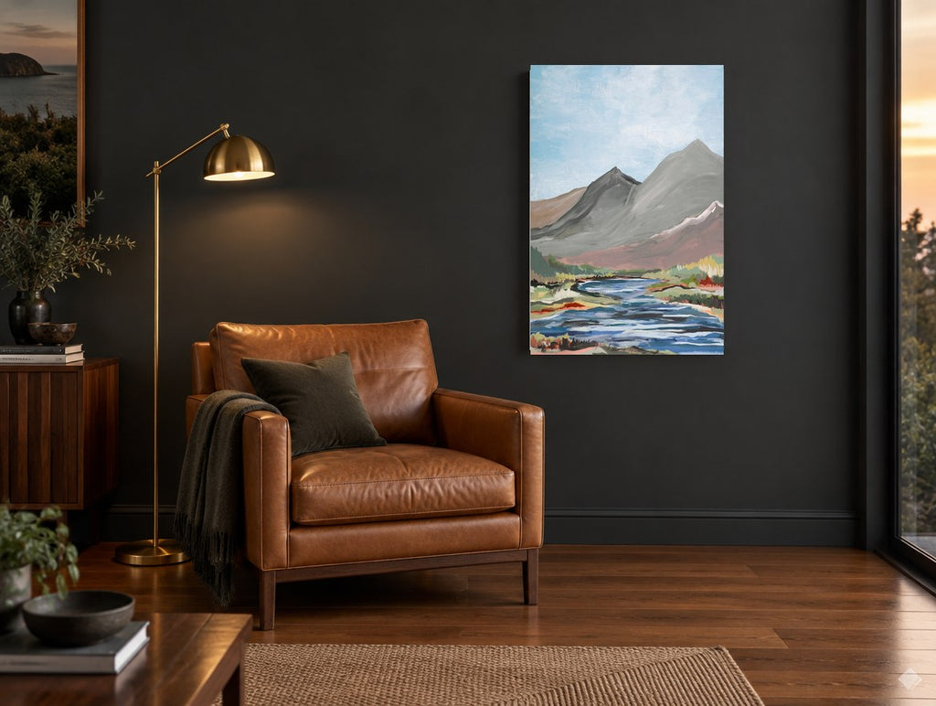 Grey Peaks River Bend landscape canvas print on the wall of a charcoal living room