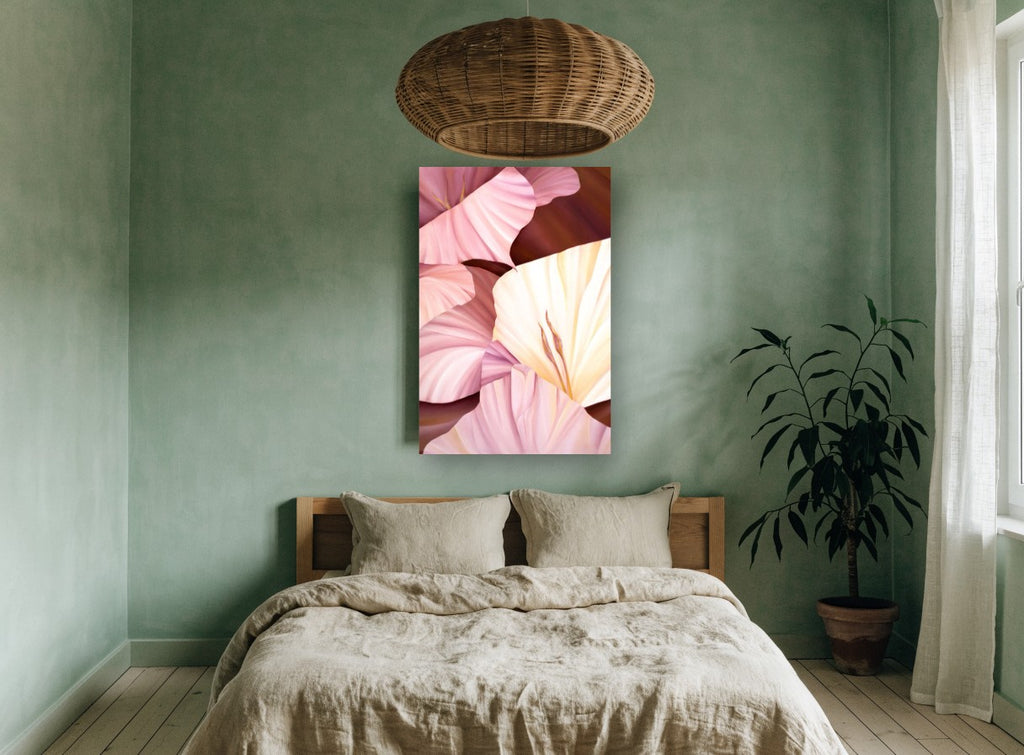 Blush Gladioli Close-Up floral canvas print on the wall of a bedroom