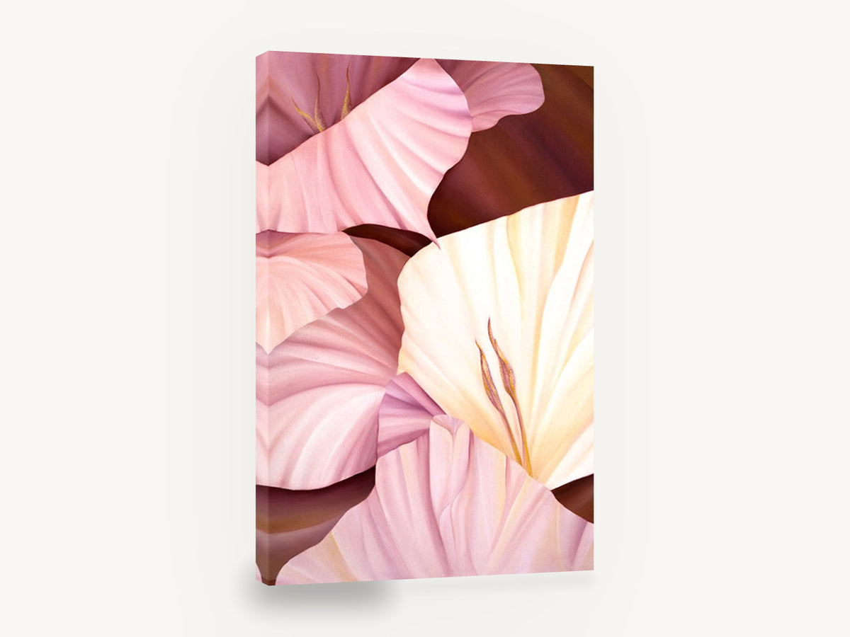 Blush Gladioli Close-Up, pink and cream gladiolus floral painting, floral canvas wall art print ready to hang