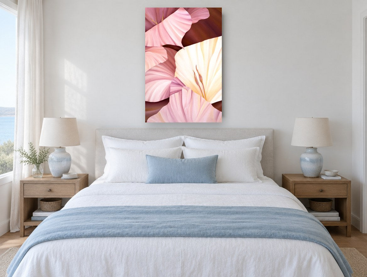 Blush Gladioli Close-Up floral canvas print on the wall of a coastal bedroom