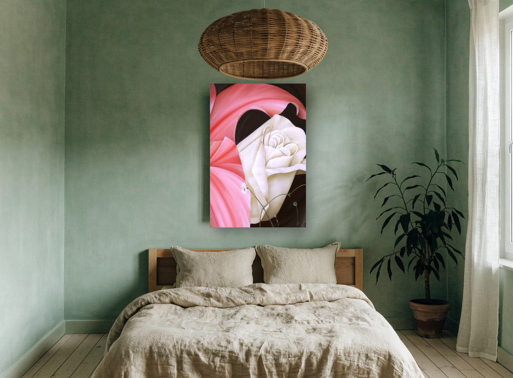 Cream Rose Pink Folds floral canvas print on the wall of a bedroom