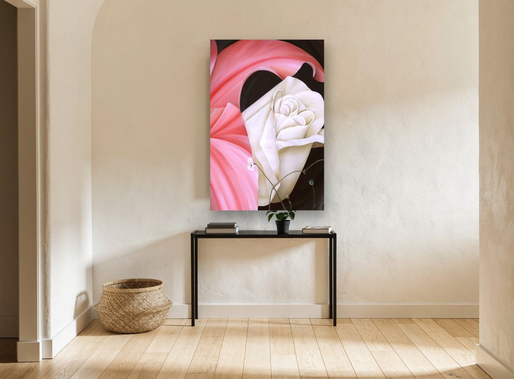 Cream Rose Pink Folds floral canvas print on the wall of a hallway