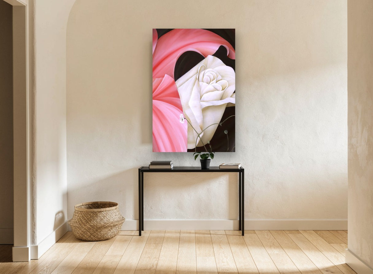 Cream Rose Pink Folds floral canvas print on the wall of a hallway