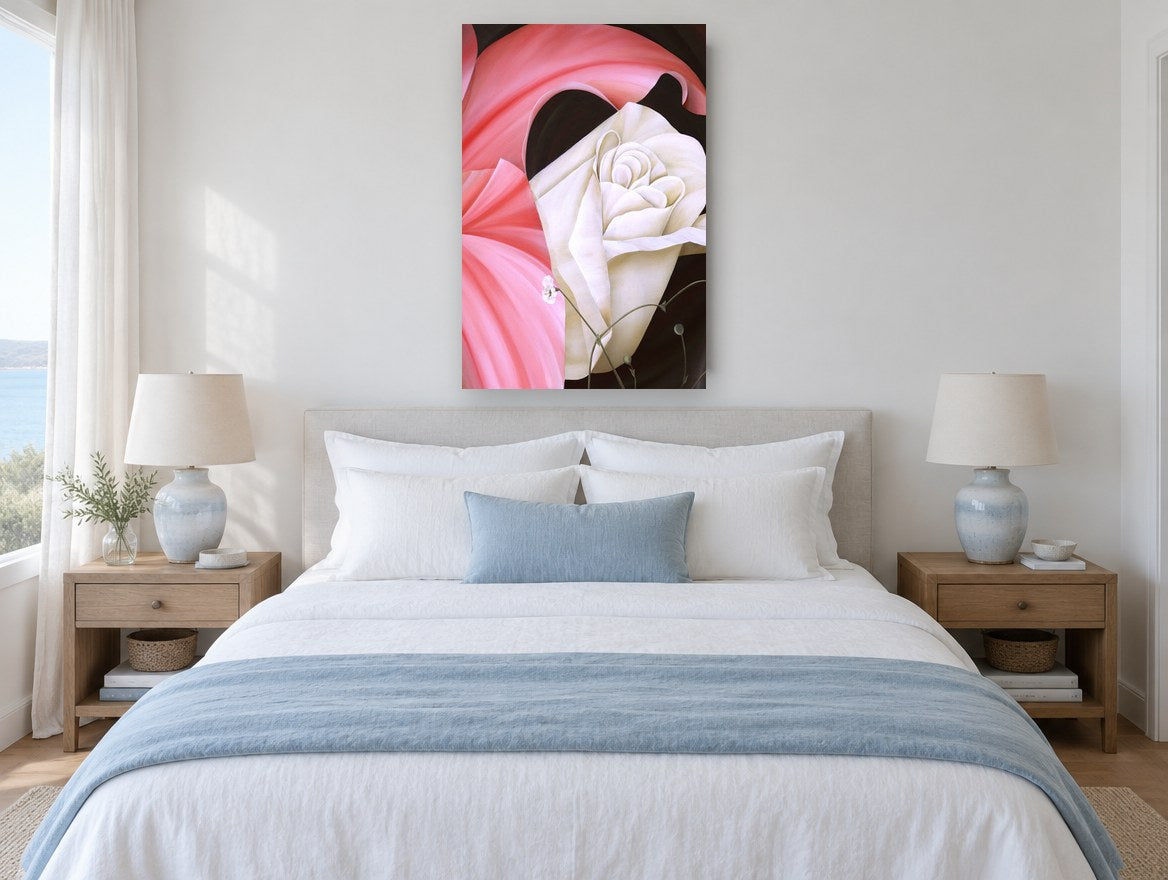 Cream Rose Pink Folds floral canvas print on the wall of a coastal bedroom