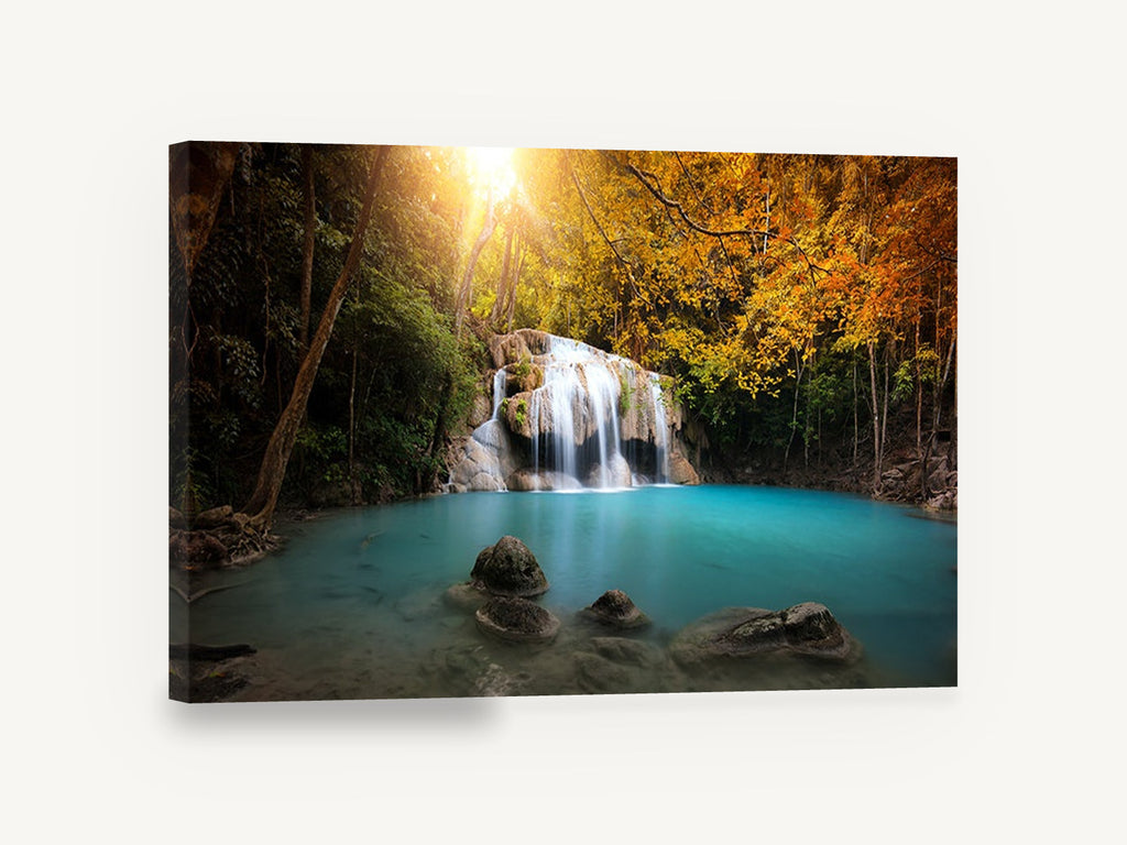 Turquoise Pool Falls, autumn forest waterfall turquoise pool, landscape canvas wall art print ready to hang