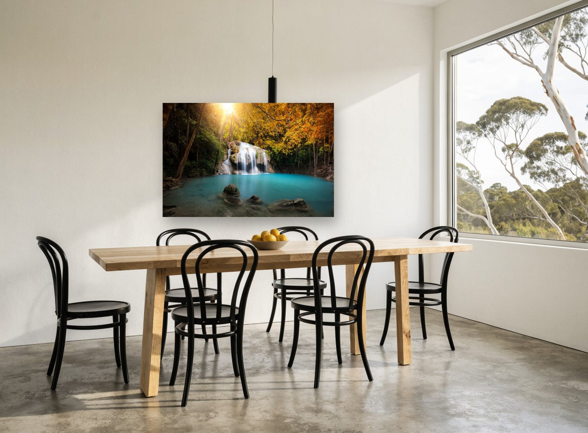 Turquoise Pool Falls landscape canvas print on the wall of a dining room