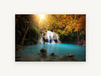 Turquoise Pool Falls, autumn forest waterfall turquoise pool, landscape canvas wall art print, front view