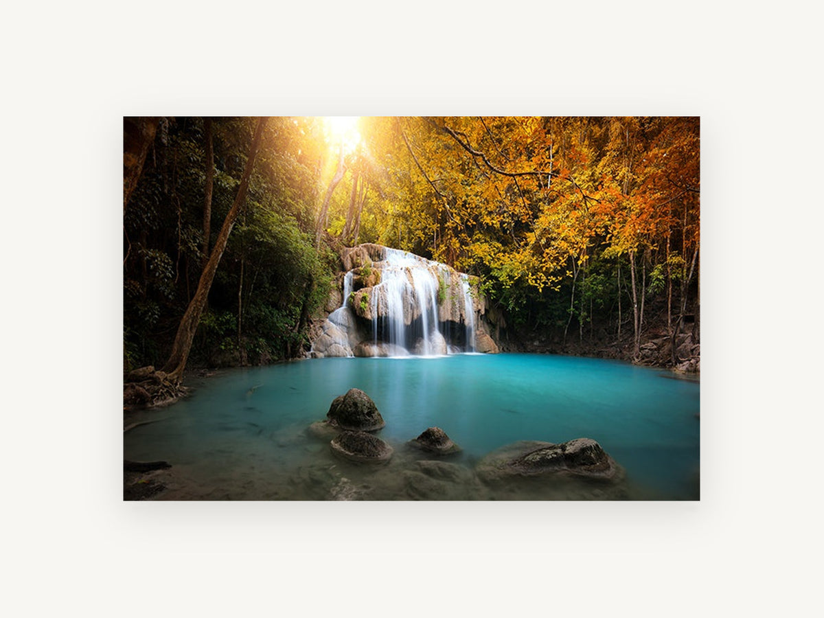 Turquoise Pool Falls, autumn forest waterfall turquoise pool, landscape canvas wall art print, front view