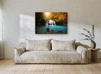 Turquoise Pool Falls landscape canvas print on the wall of a living room