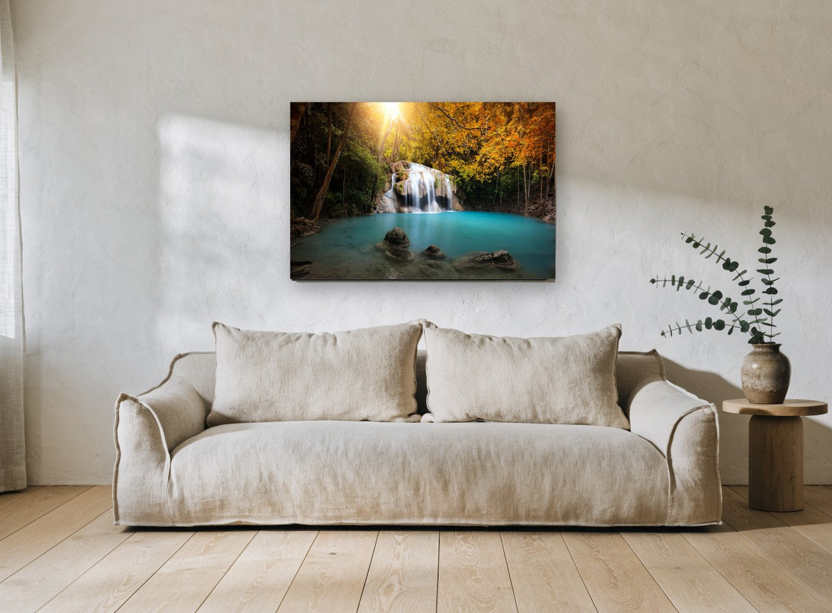 Turquoise Pool Falls landscape canvas print on the wall of a living room