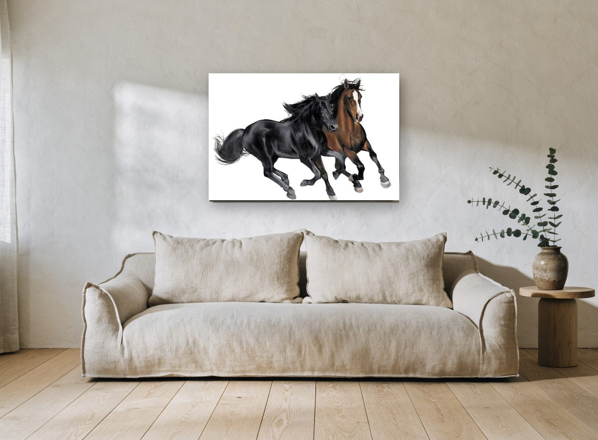 Two Horses Galloping animal canvas print on the wall of a living room