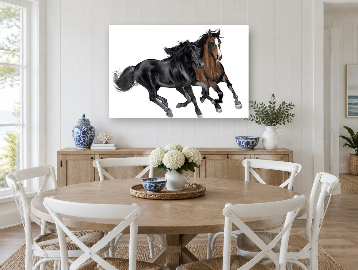 Two Horses Galloping animal canvas print on the wall of a Hamptons dining room