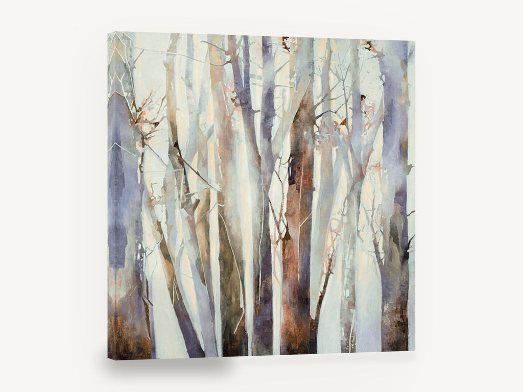 Lilac Birch Grove, misty tree trunks abstract painting, landscape canvas wall art print ready to hang