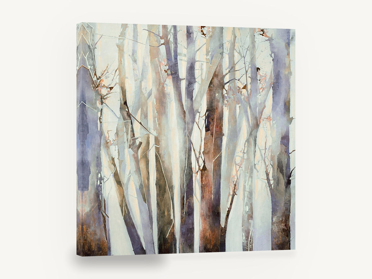 Lilac Birch Grove, misty tree trunks abstract painting, landscape canvas wall art print ready to hang