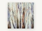 Lilac Birch Grove, misty tree trunks abstract painting, landscape canvas wall art print, front view