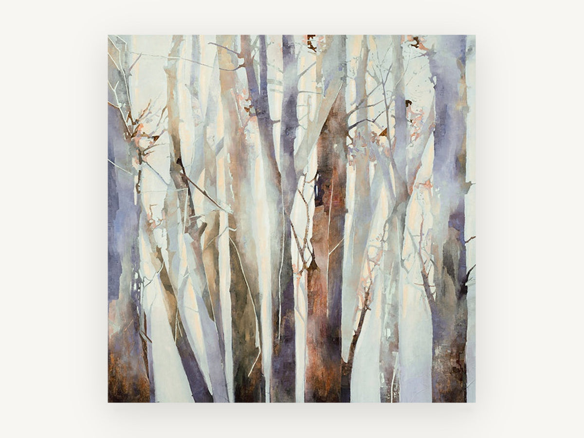 Lilac Birch Grove, misty tree trunks abstract painting, landscape canvas wall art print, front view