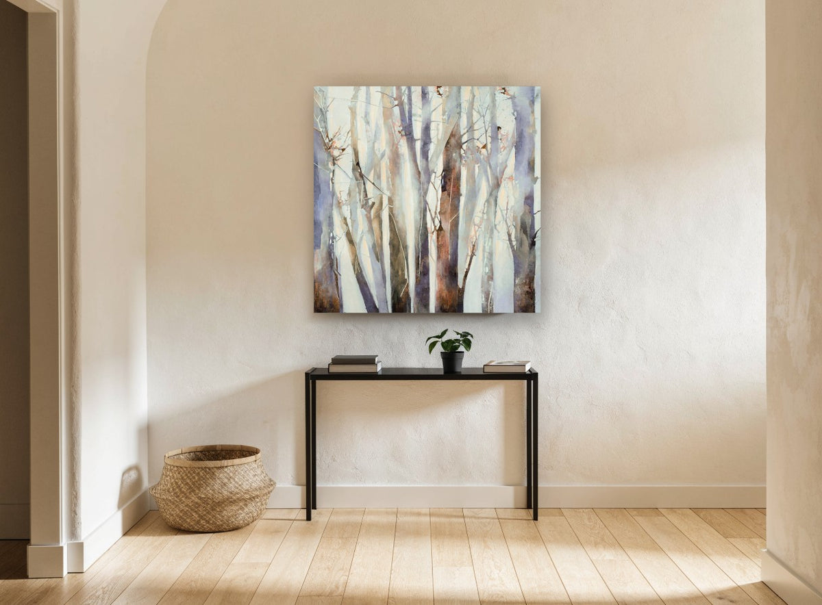 Lilac Birch Grove landscape canvas print on the wall of a hallway