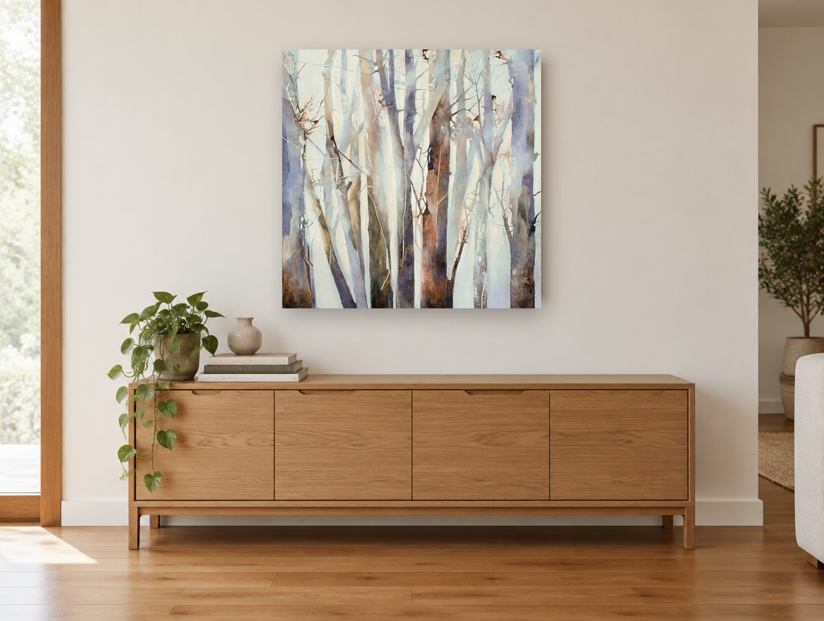Lilac Birch Grove landscape canvas print on the wall of a living room above a sideboard
