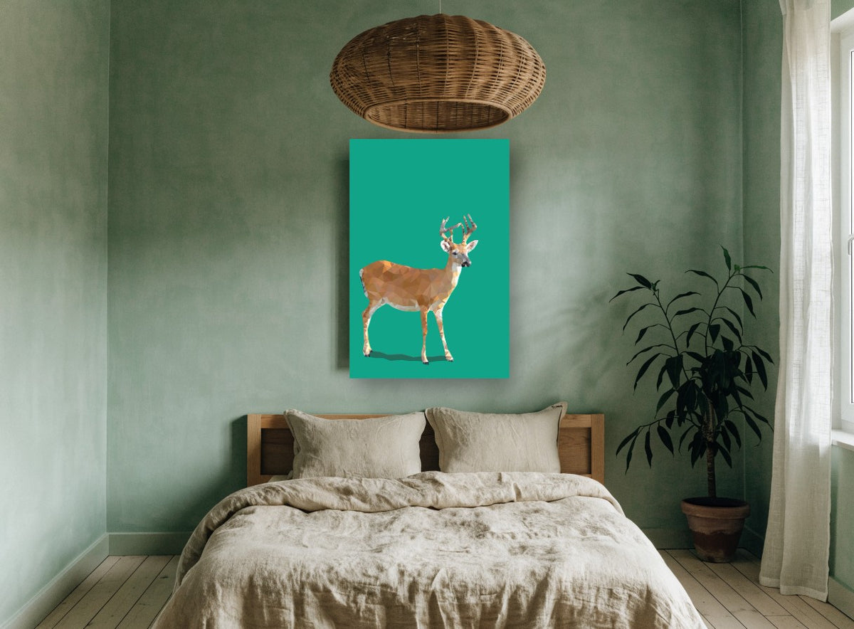 Faceted Buck on Green animal canvas print on the wall of a bedroom