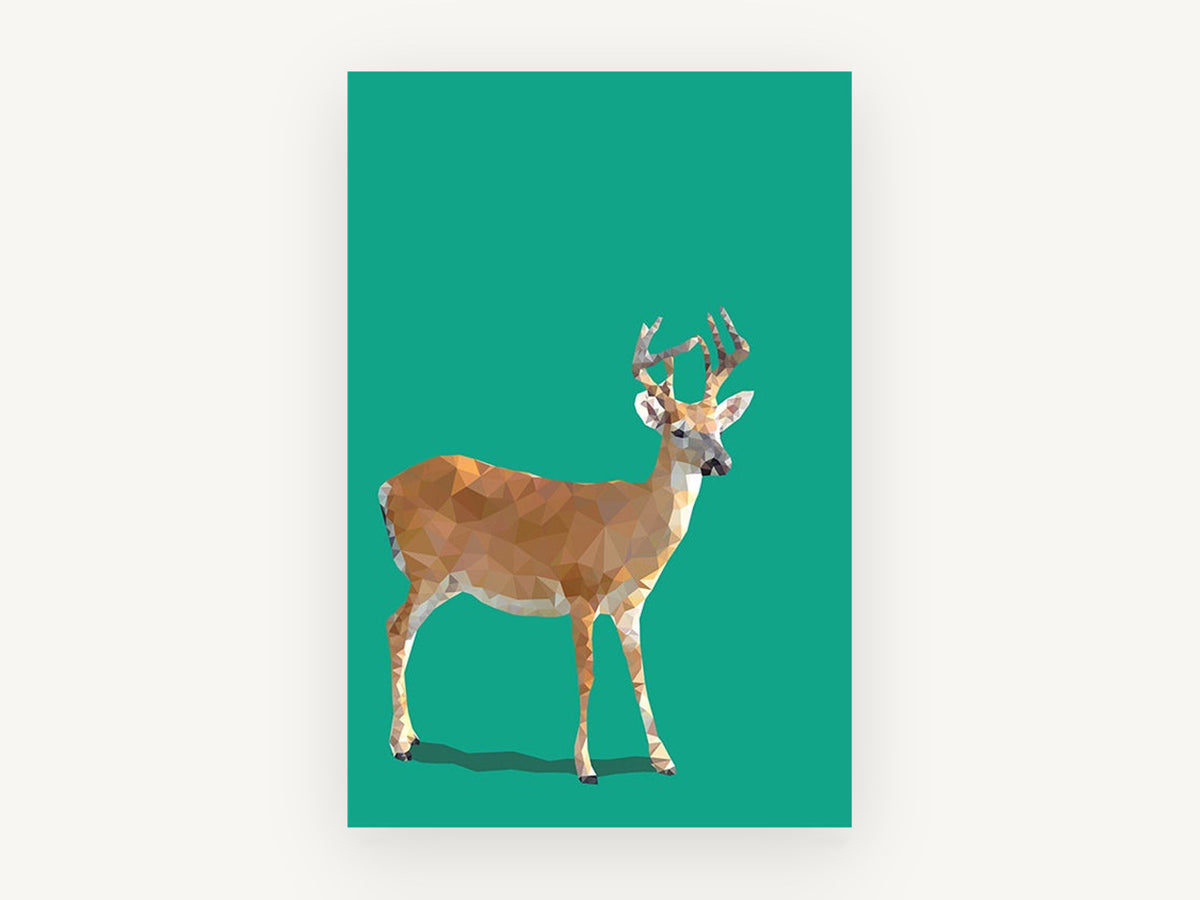 Faceted Buck on Green, low poly deer digital illustration, animal canvas wall art print, front view
