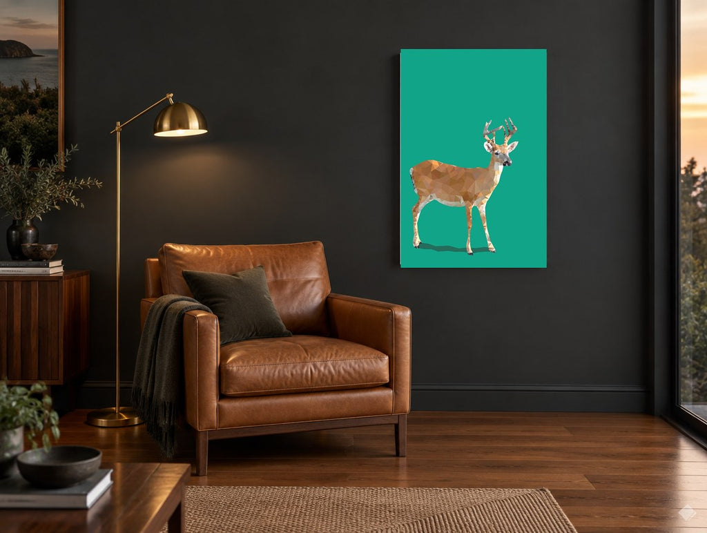 Faceted Buck on Green animal canvas print on the wall of a charcoal living room