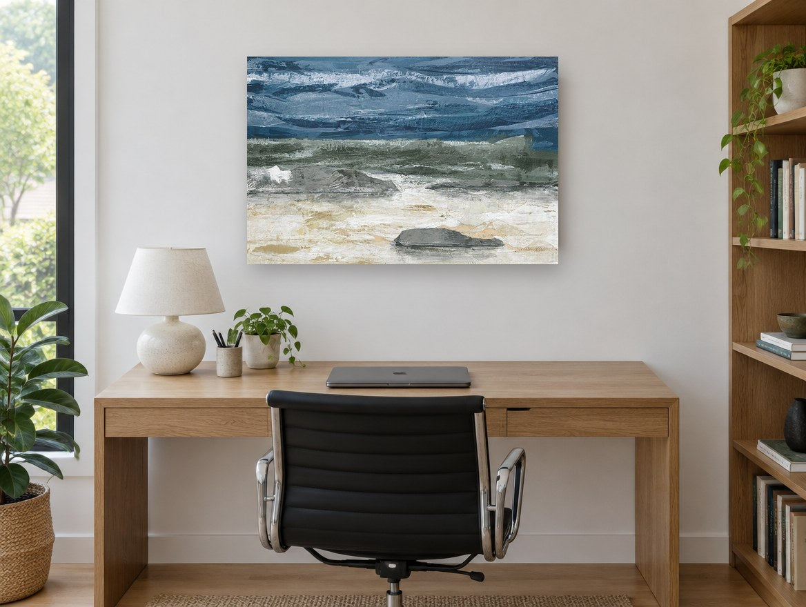 Grey Stones Storm Shore coastal canvas print on the wall of a study