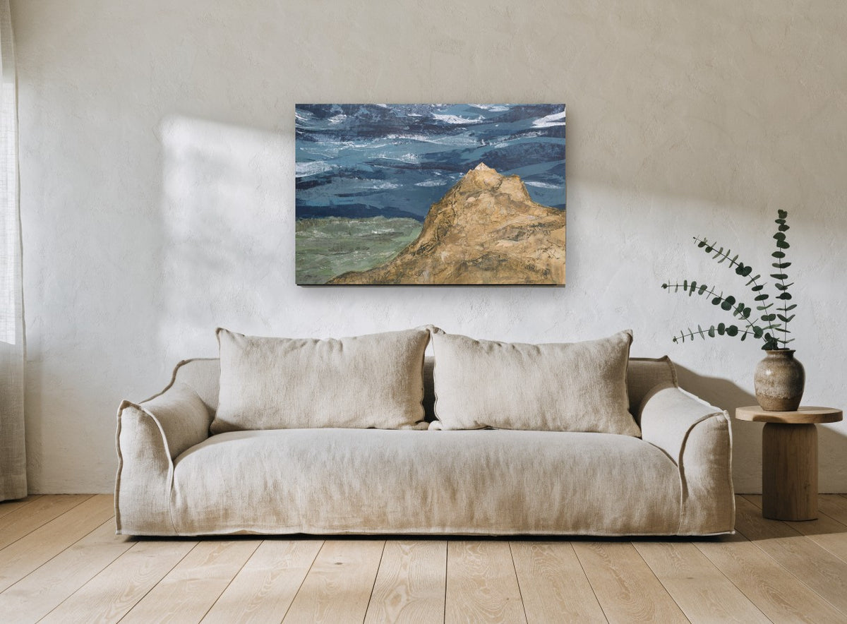 Ochre Peak Storm Sky coastal canvas print on the wall of a living room