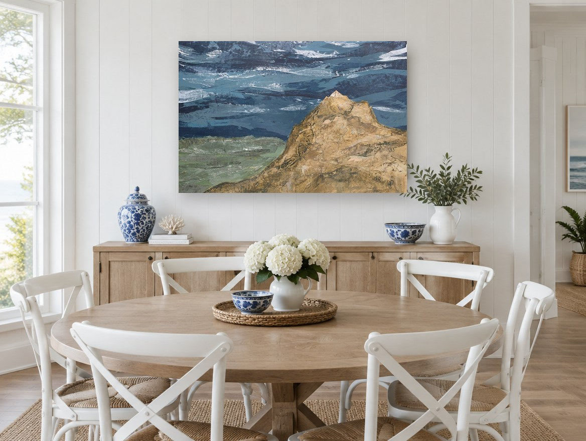 Ochre Peak Storm Sky coastal canvas print on the wall of a Hamptons dining room