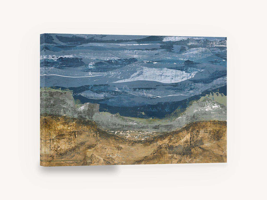 Ochre Hills Over Slate Sea, abstract coastal hills and sea artwork, coastal canvas wall art print ready to hang