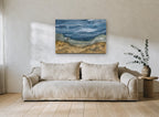 Ochre Hills Over Slate Sea coastal canvas print on the wall of a living room