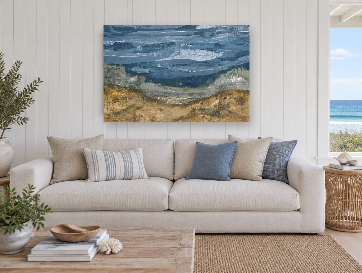 Ochre Hills Over Slate Sea coastal canvas print on the wall of a beach house living room
