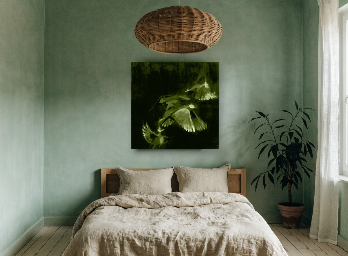 Green Wings in Flight animal canvas print on the wall of a bedroom