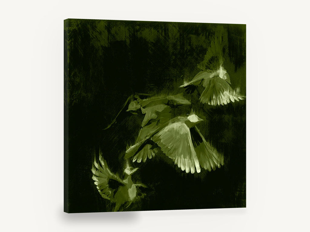 Green Wings in Flight, birds in flight green illustration, animal canvas wall art print ready to hang