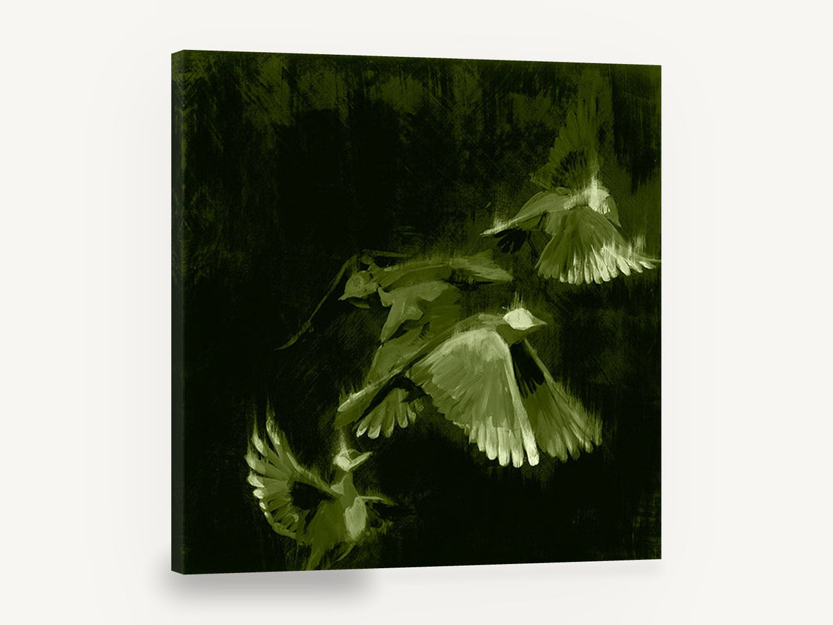 Green Wings in Flight, birds in flight green illustration, animal canvas wall art print ready to hang