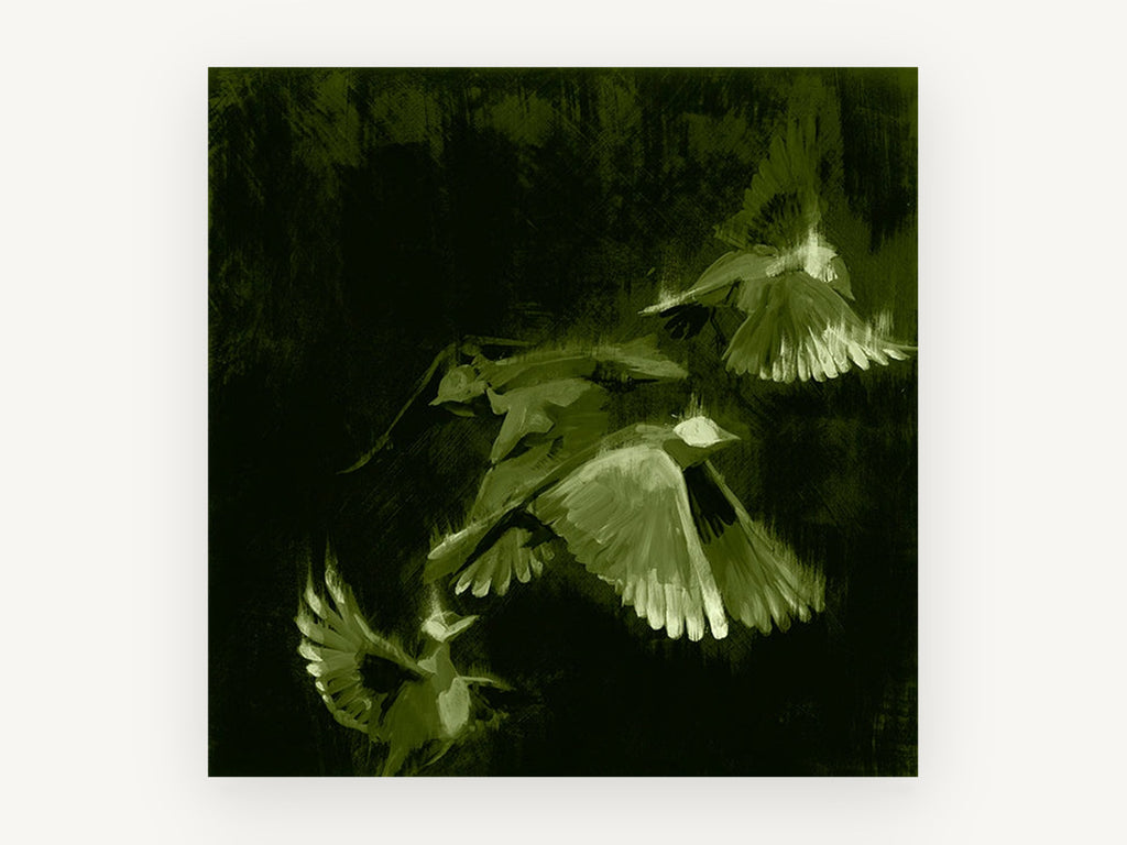 Green Wings in Flight, birds in flight green illustration, animal canvas wall art print, front view