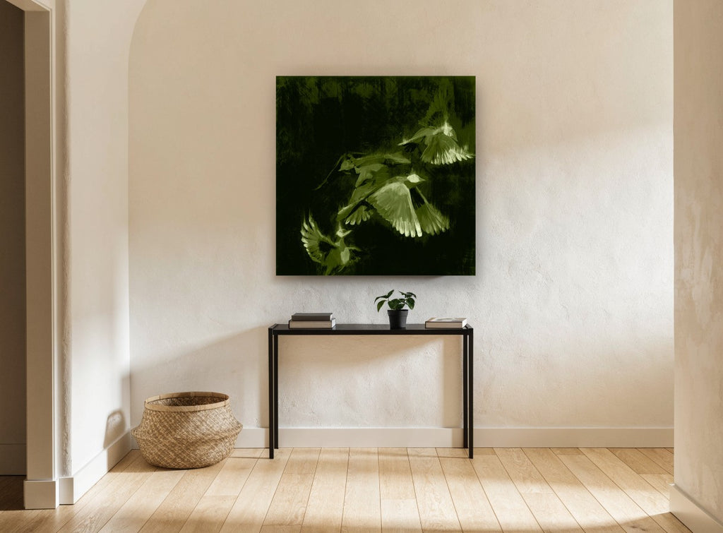 Green Wings in Flight animal canvas print on the wall of a hallway