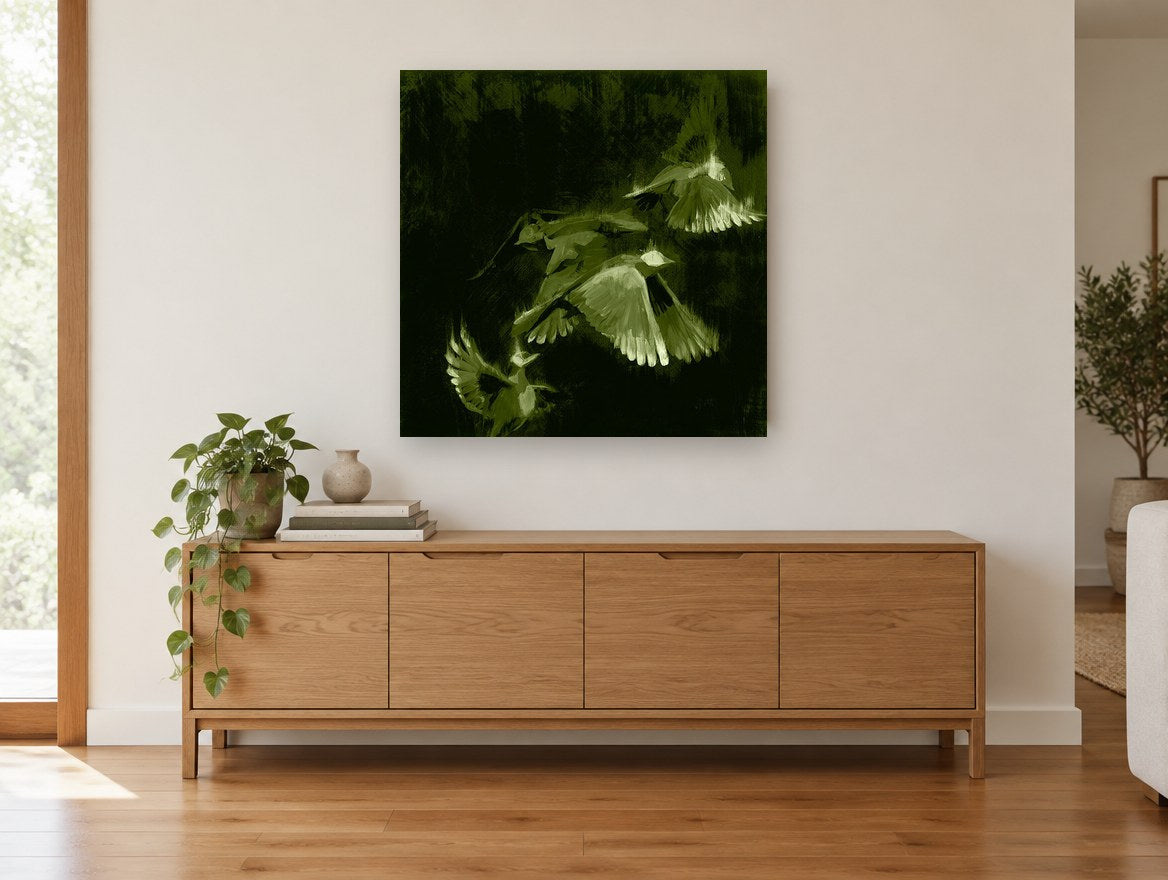 Green Wings in Flight animal canvas print on the wall of a living room above a sideboard