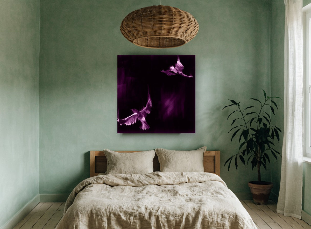 Violet Night Flight animal canvas print on the wall of a bedroom