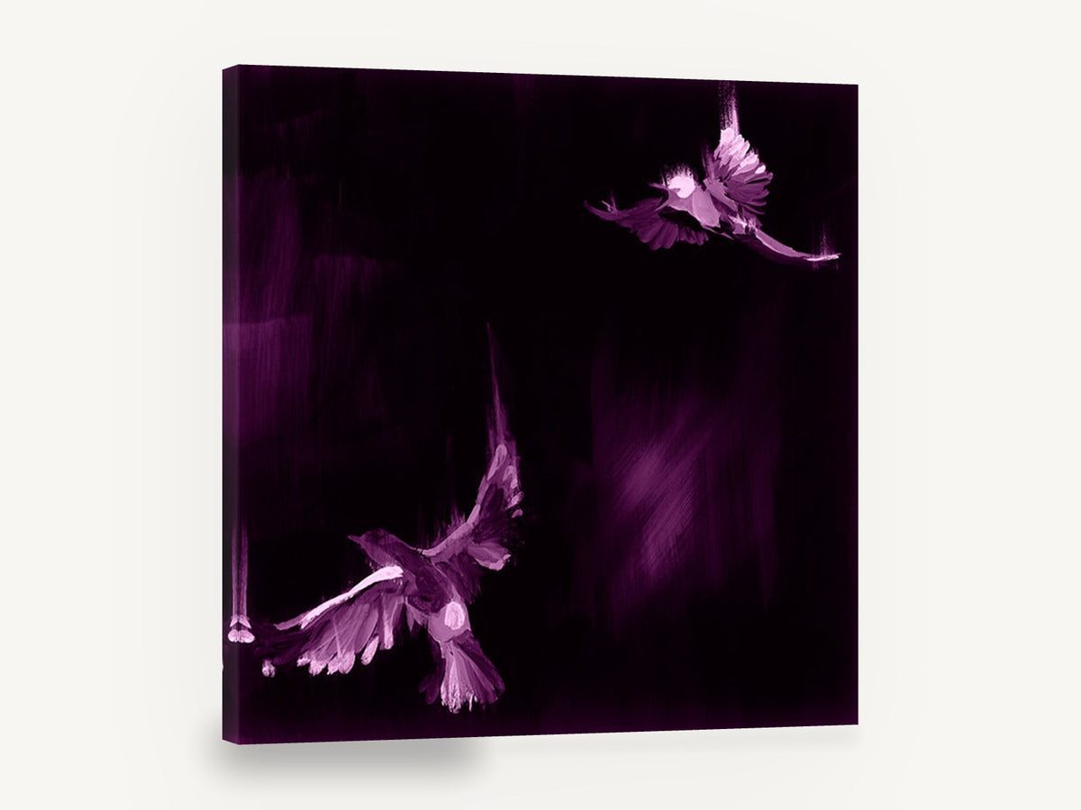 Violet Night Flight, purple flying birds brushwork, animal canvas wall art print ready to hang