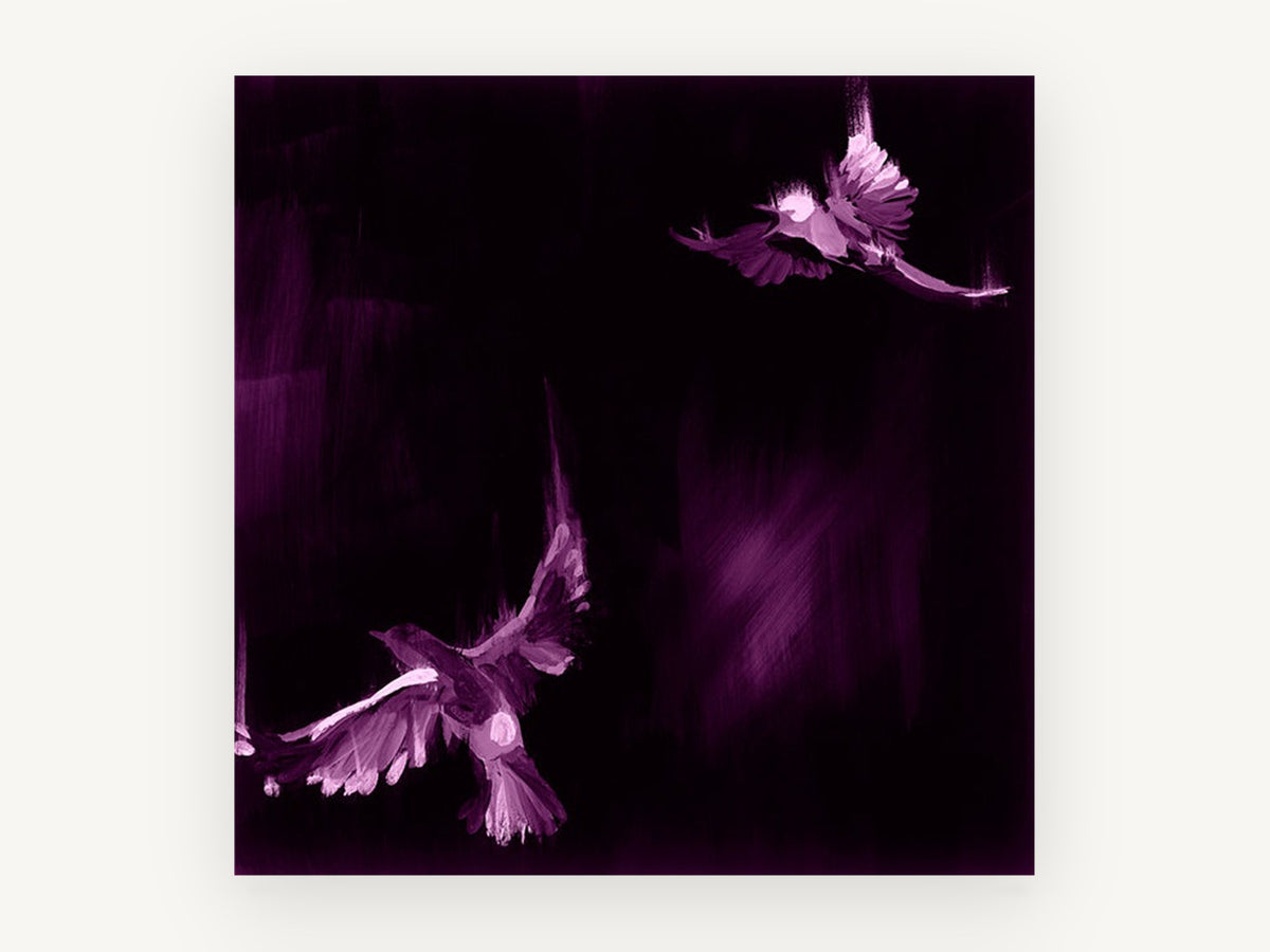 Violet Night Flight, purple flying birds brushwork, animal canvas wall art print, front view