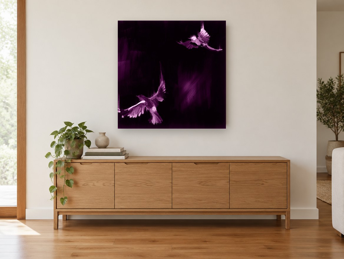 Violet Night Flight animal canvas print on the wall of a living room above a sideboard
