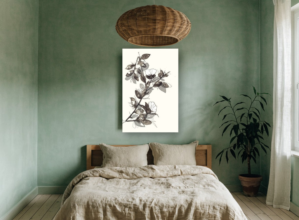 Ink Wash Blossom Branch floral canvas print on the wall of a bedroom