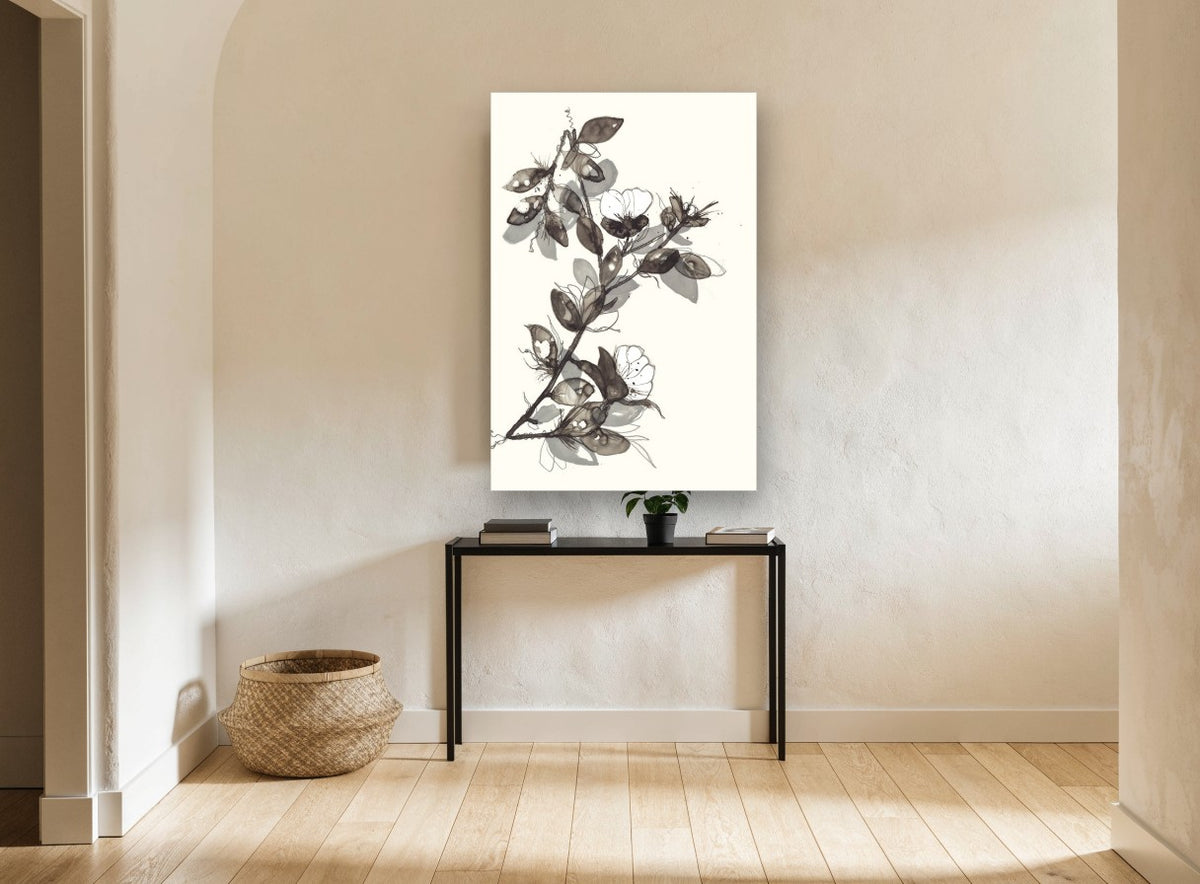 Ink Wash Blossom Branch floral canvas print on the wall of a hallway