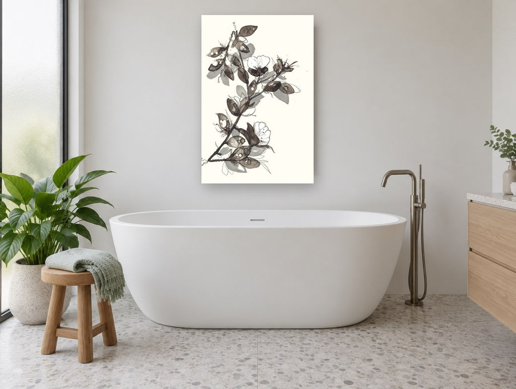 Ink Wash Blossom Branch floral canvas print on the wall of a bathroom